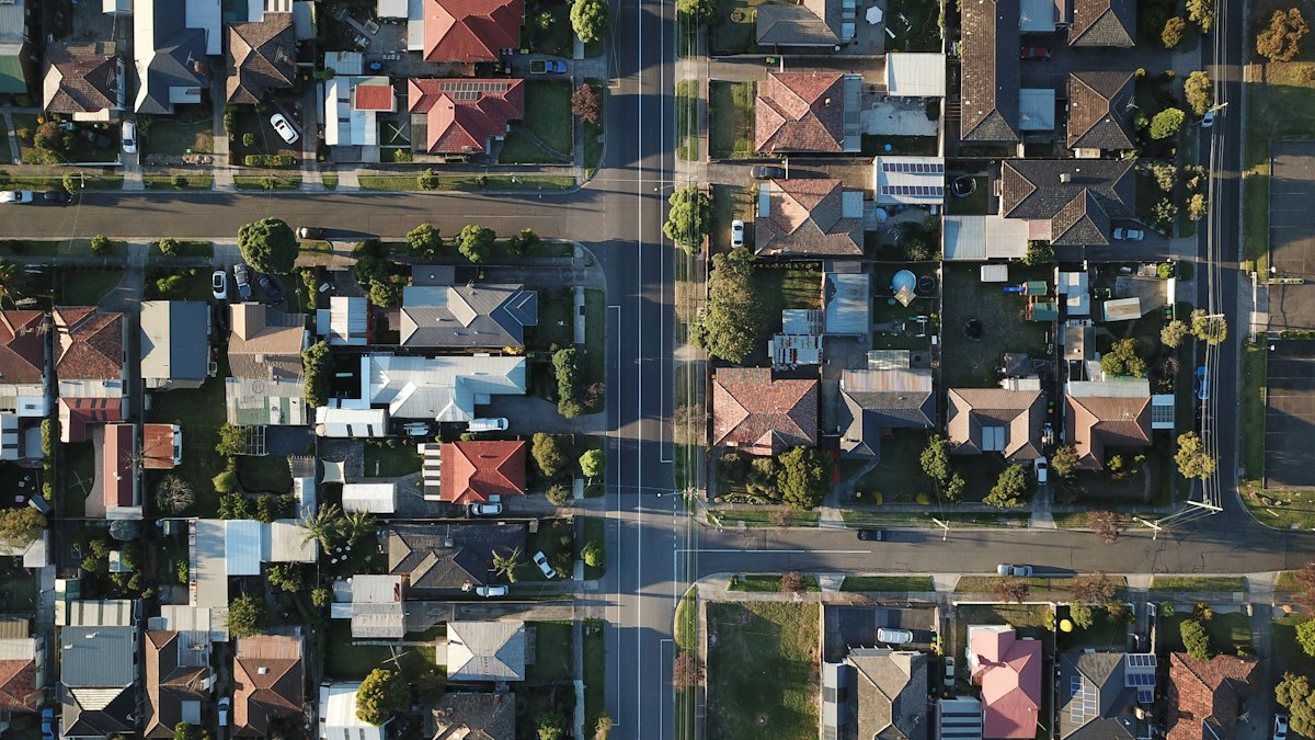 Aerial view of a laid-out residential neighbourhood