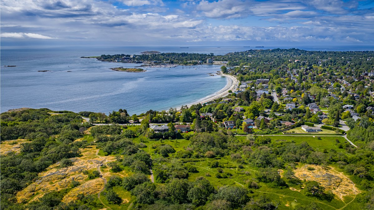 Aerial view of a coastal town and its shoreline