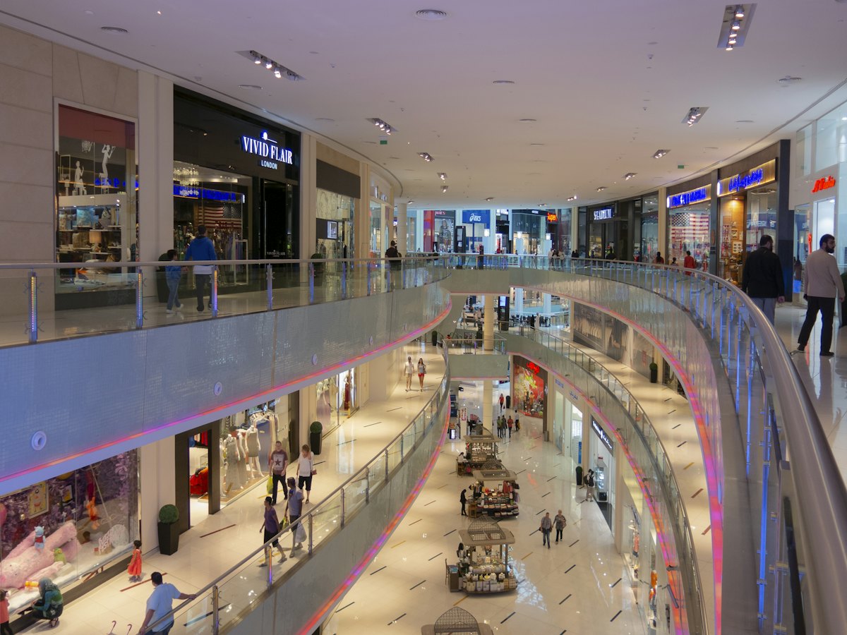 Looking down into the atrium of a modern shopping centre