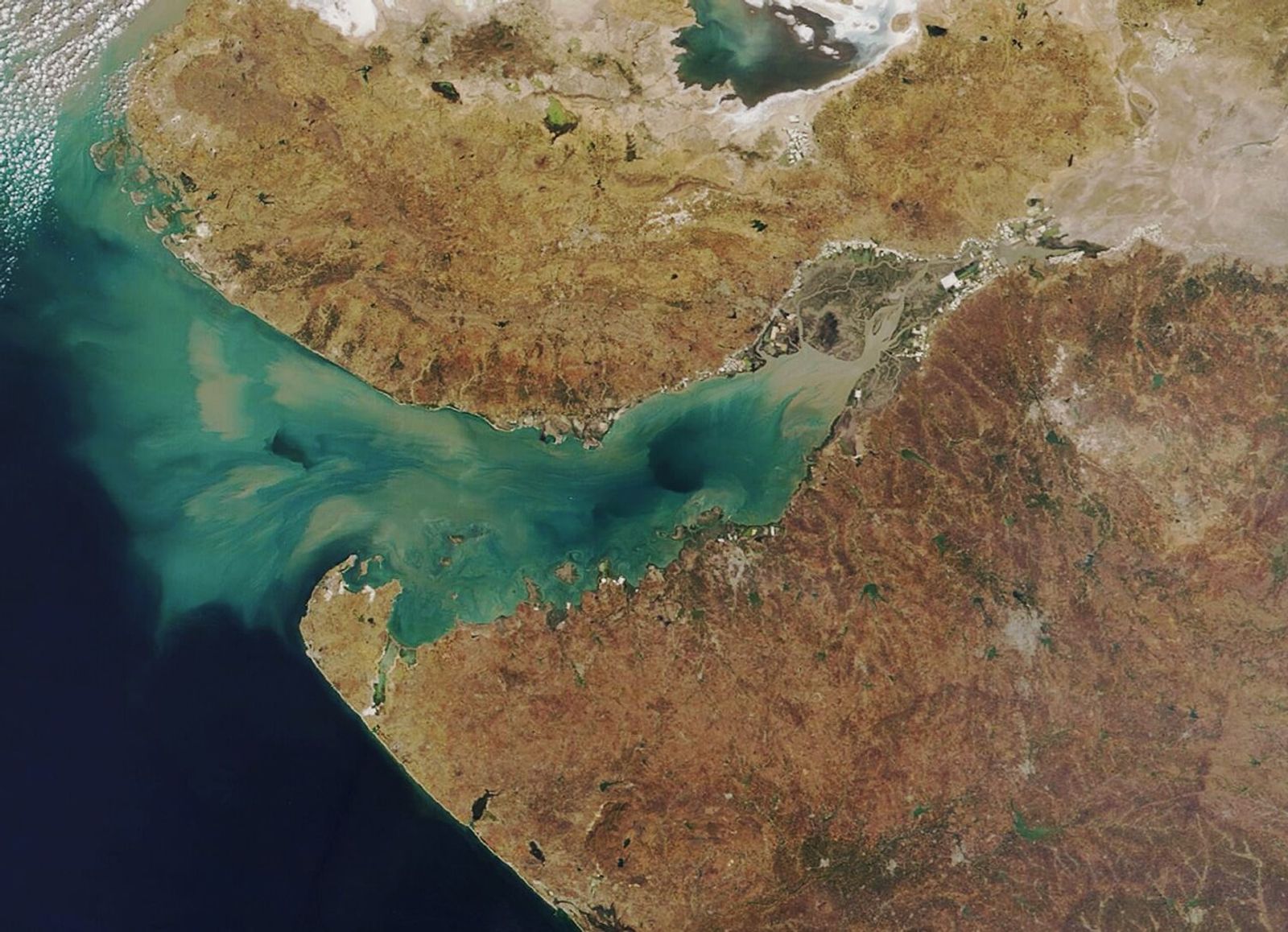 Satellite view of the Gulf of Kutch and the Jamnagar coast in Gujarat