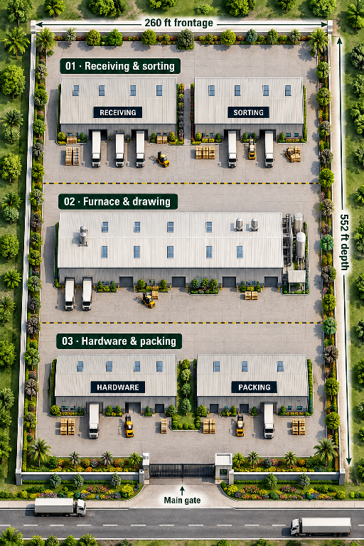 Site plan of the Shekhpat parcel: receiving and sorting, furnace and drawing, hardware and packing, with the main gate on the 260 ft frontage
